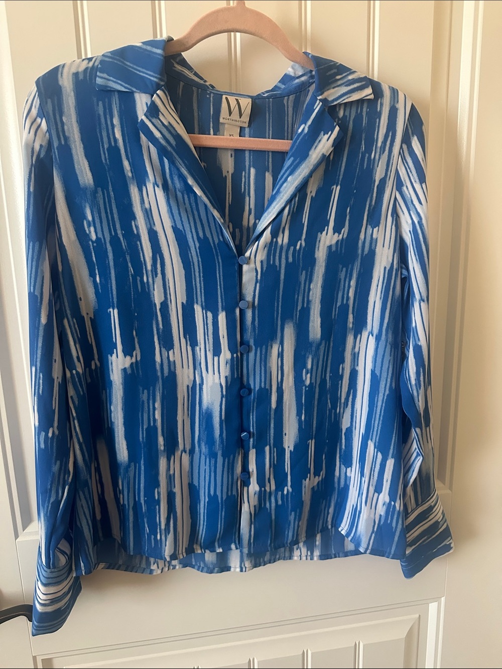 Worthington Blue & White Abstract-Stripe Button Front Blouse
